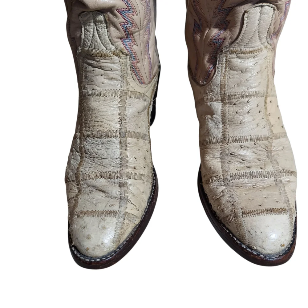 Vintage Larry Mahan Ivory Western Cowboy Boots Ostrich Print Tall USA - Picture 4 of 16